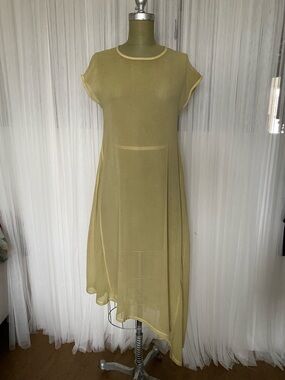 NÖR Denmark  🇩🇰 Light Olive Sheer Front Asymmetrical Midi Dress Size M